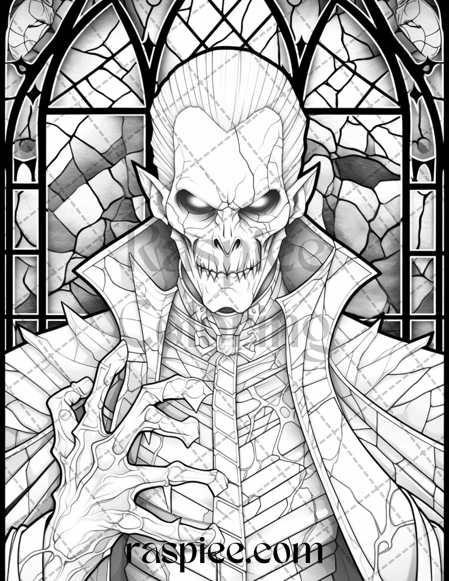 70 Halloween Stained Glass Grayscale Coloring Pages Printable for Adults, PDF File Instant Download