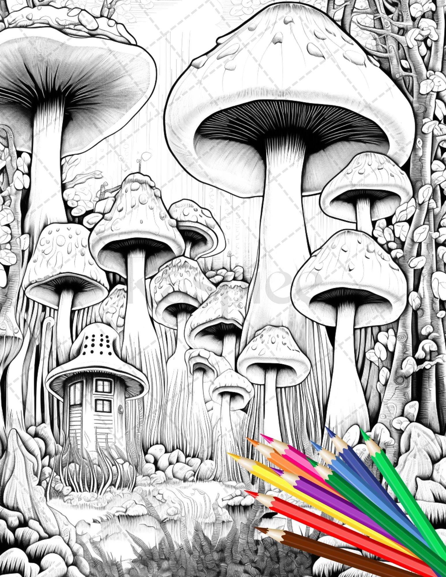 Psychedelic Mushroom Forest Coloring Book Printable for Adults, Trippy Grayscale Coloring Page, PDF File Instant Download