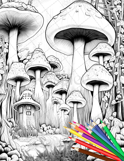 Psychedelic Mushroom Forest Coloring Book Printable for Adults, Trippy Grayscale Coloring Page, PDF File Instant Download