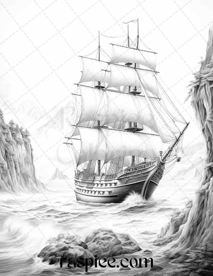60 Pirate Life Grayscale Coloring Pages Printable for Adults, Stress Relief Coloring, PDF File Instant Download