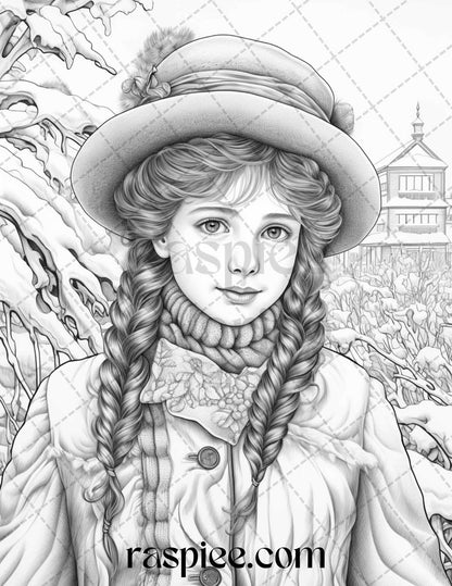 60 Victorian Winter Portrait Grayscale Coloring Pages Printable for Adults, PDF File Instant Download