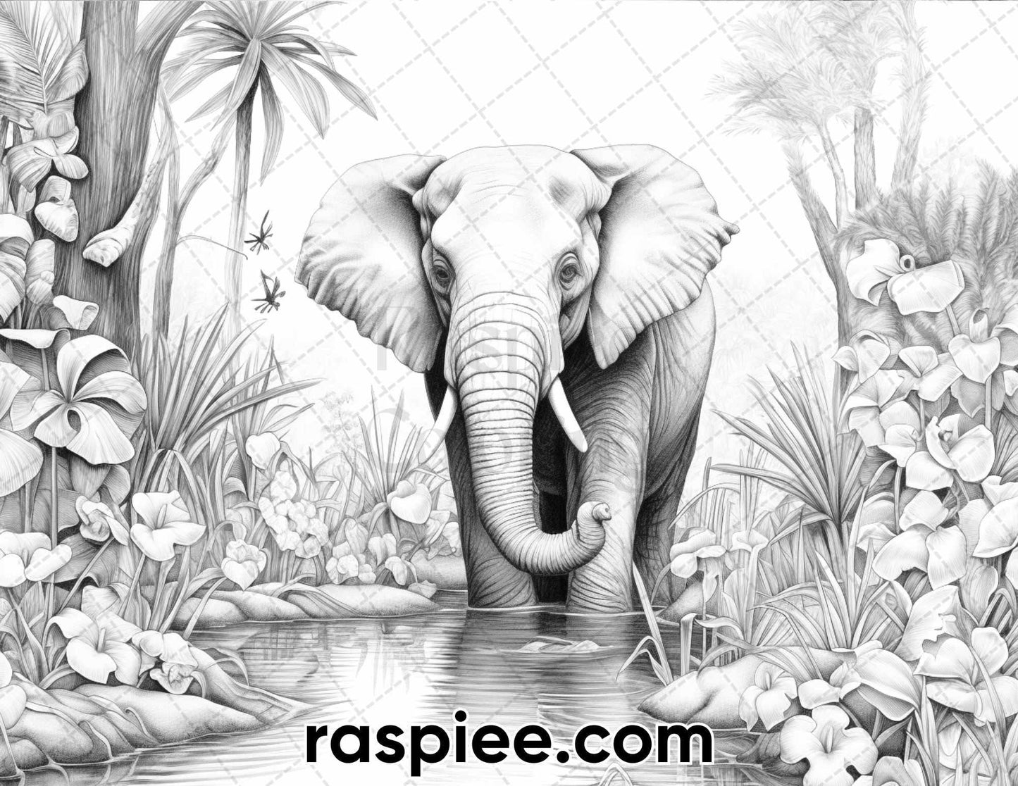 50 Tropical Paradise Grayscale Adult Coloring Pages, Printable PDF Instant Download