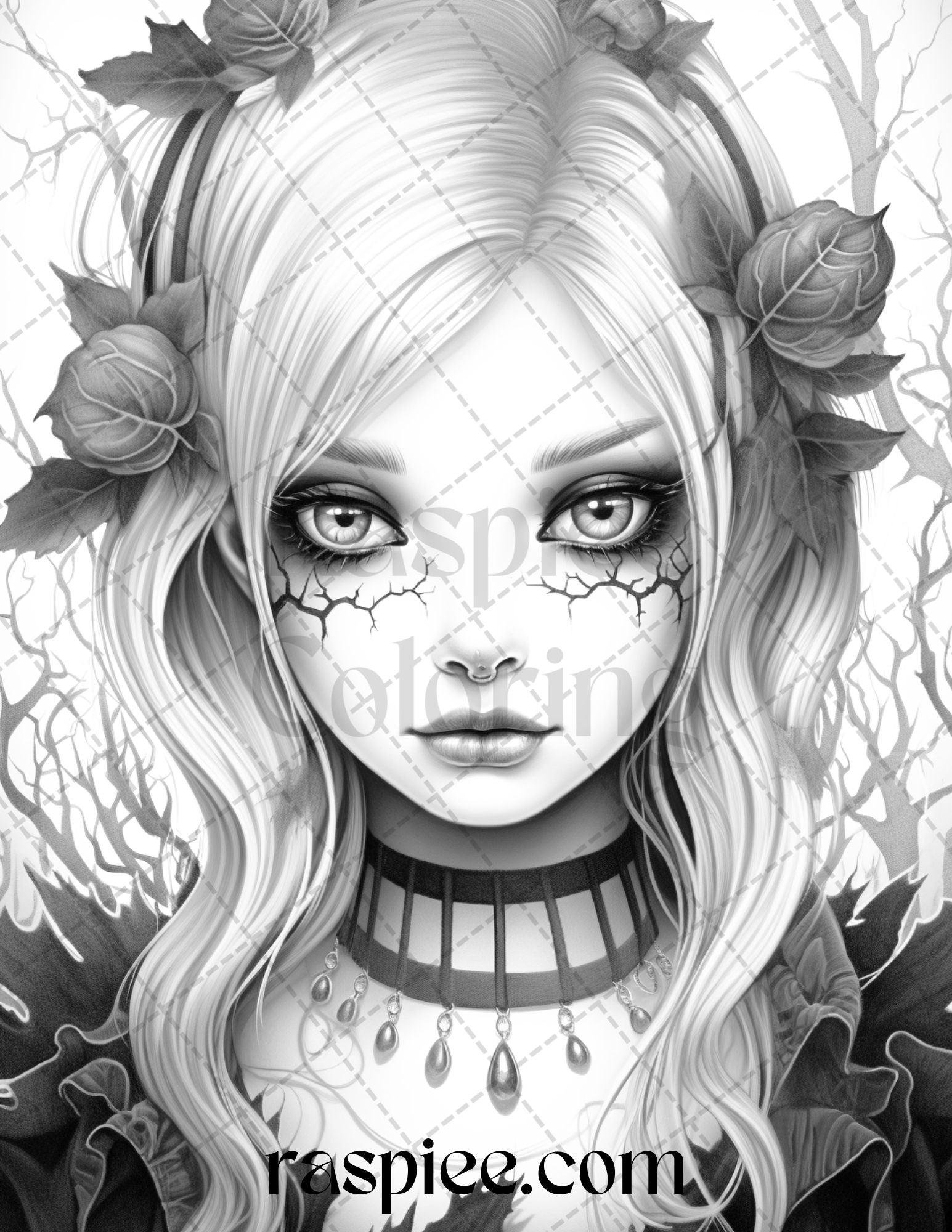 55 Halloween Girls Grayscale Coloring Pages Printable for Adults, PDF File Instant Download