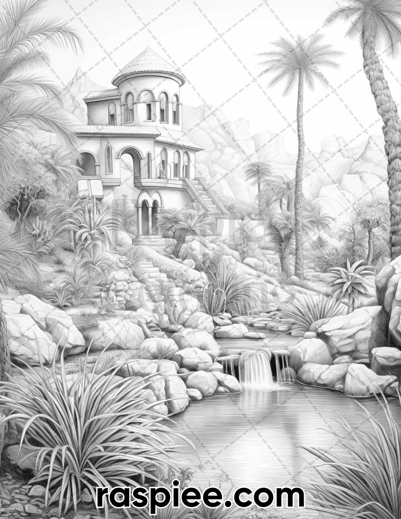 55 Desert Oasis Fairy Homes Grayscale Coloring Pages for Adults, Printable PDF Instant Download