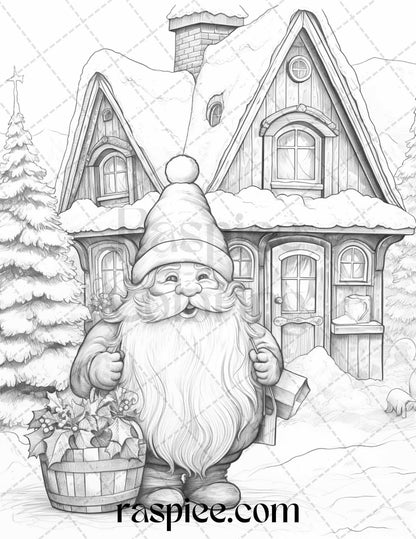60 Christmas Gnomes Grayscale Coloring Pages Printable for Adults and Kids, PDF File Instant Download