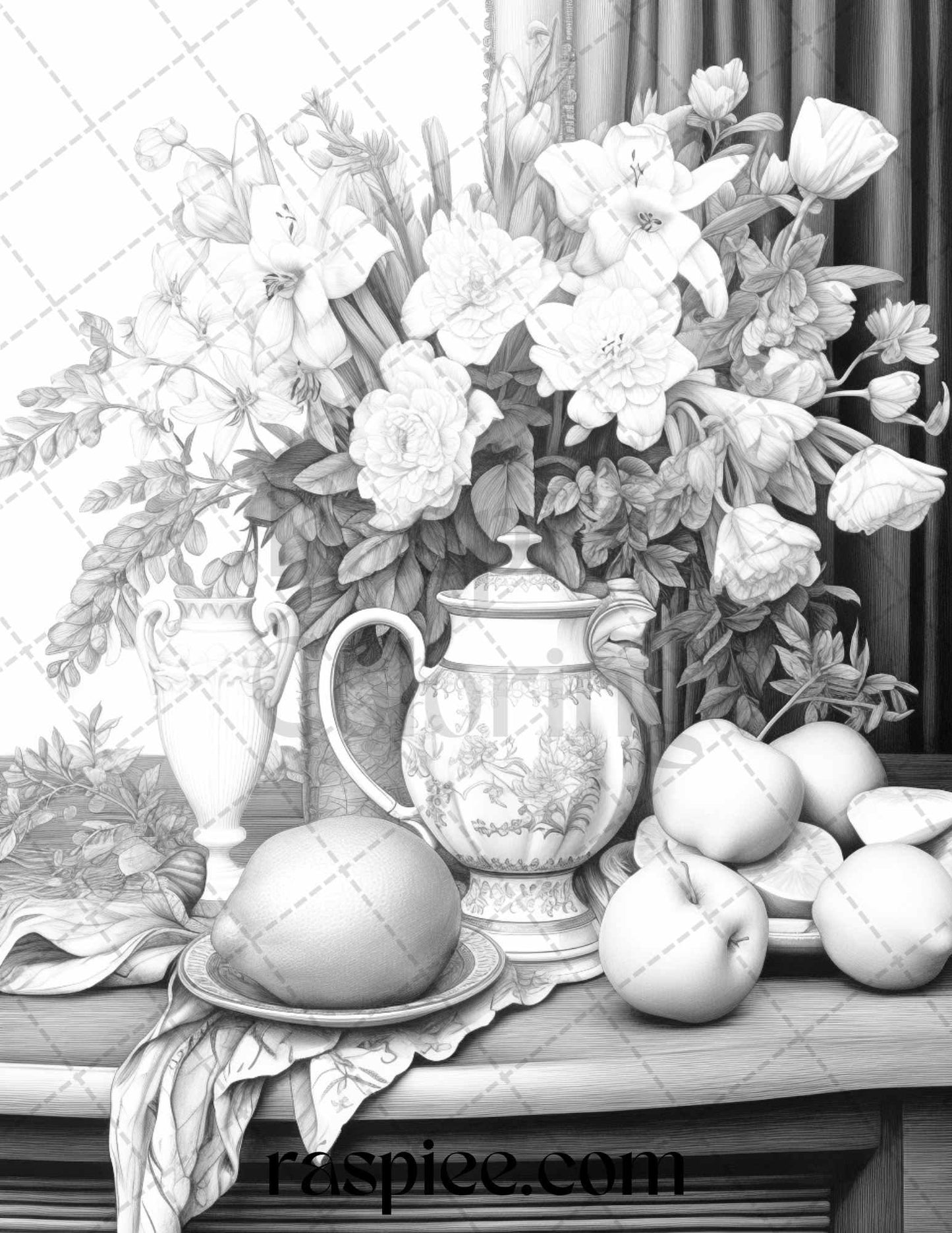 52 Still Life Grayscale Coloring Pages Printable for Adults, PDF File Instant Download