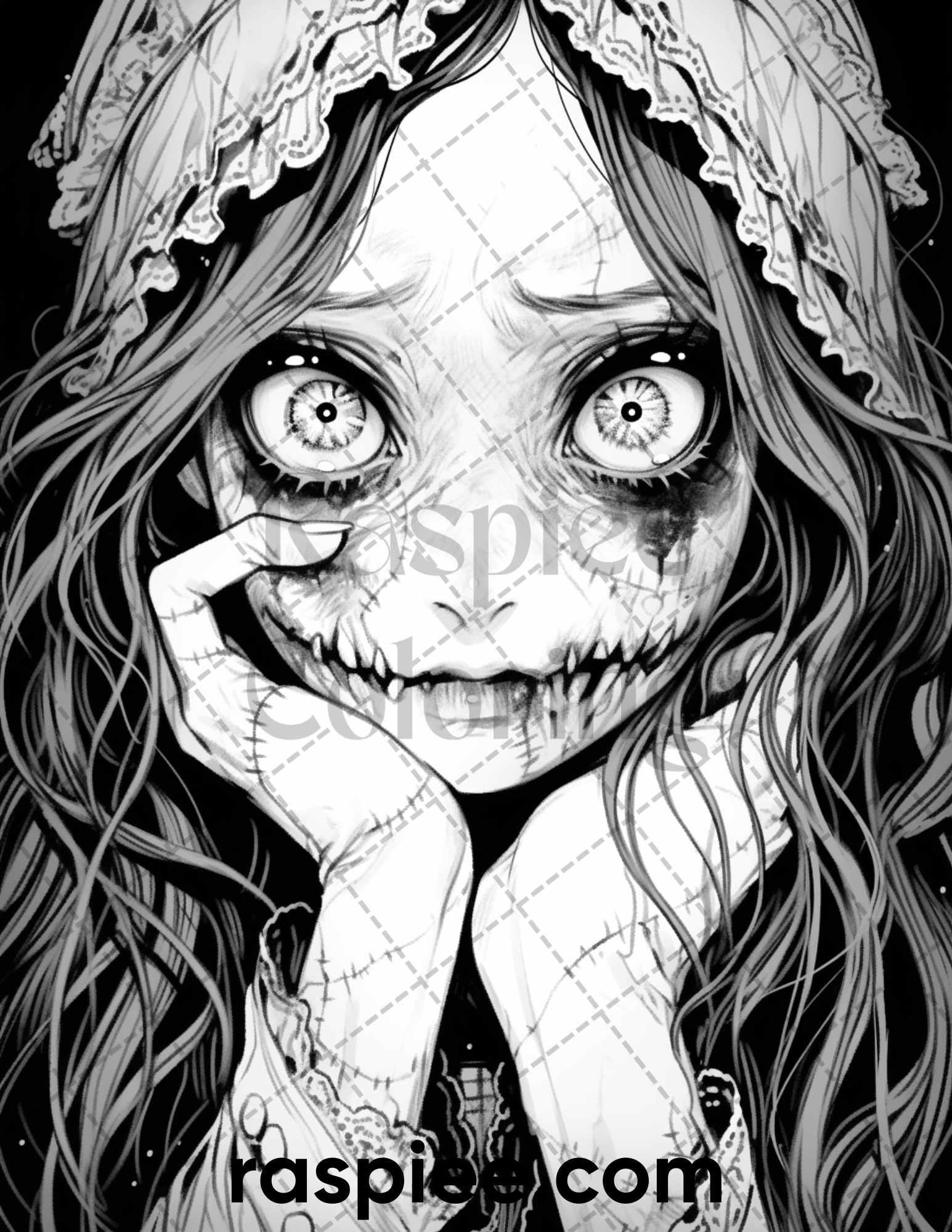 60 Horror Beauties Grayscale Coloring Pages Printable for Adults, PDF File Instant Download