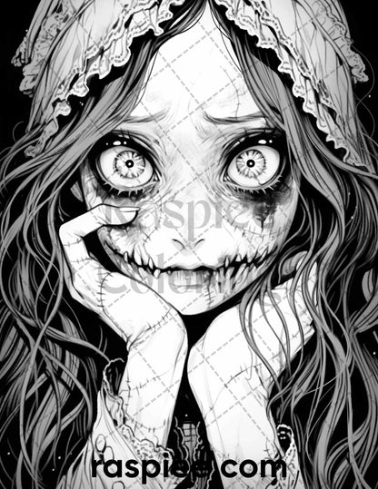60 Horror Beauties Grayscale Coloring Pages Printable for Adults, PDF File Instant Download