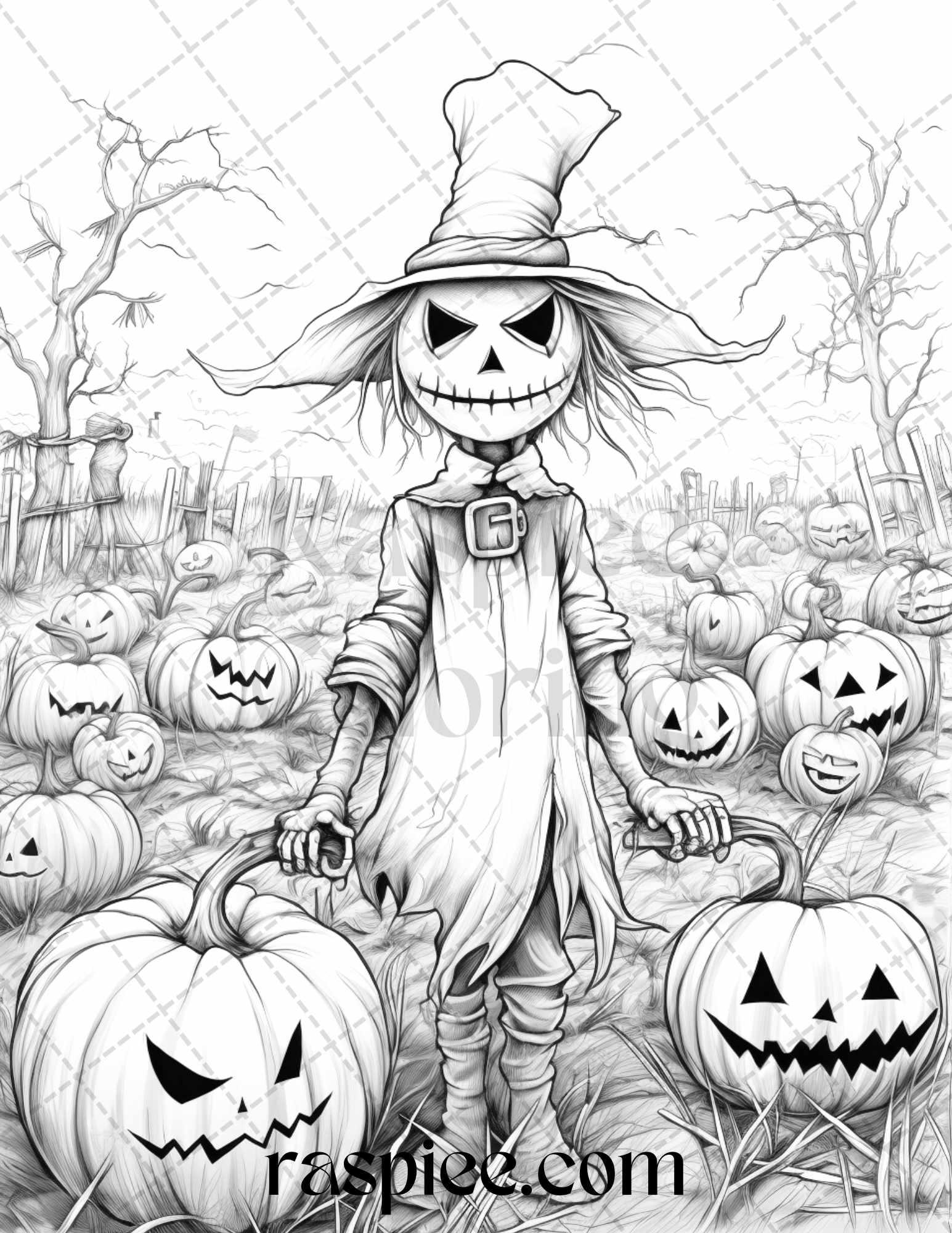 50 Halloween Scarecrows Grayscale Coloring Pages Printable for Adults, PDF File Instant Download