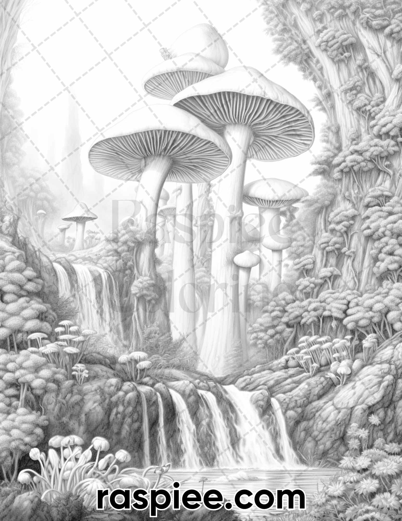 50 Fantasy Mushroom Island Grayscale Coloring Pages for Adults, Printable PDF Instant Download