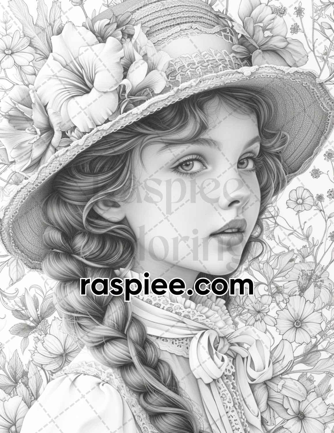 62 Spring Victorian Girl Portraits Grayscale Adult Coloring Pages, Printable PDF Instant Download