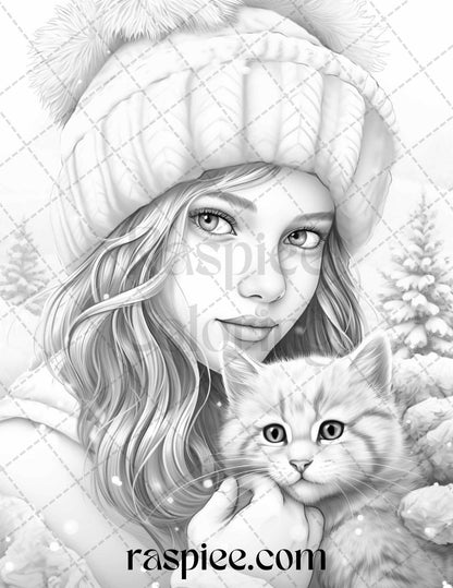 60 Beautiful Winter Girls Grayscale Coloring Pages Printable for Adults, PDF File Instant Download