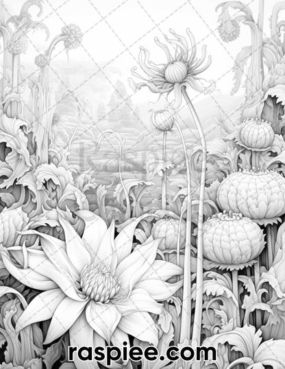 55 Fantasy Flowers Grayscale Coloring Pages for Adults, Printable PDF File Instant Download