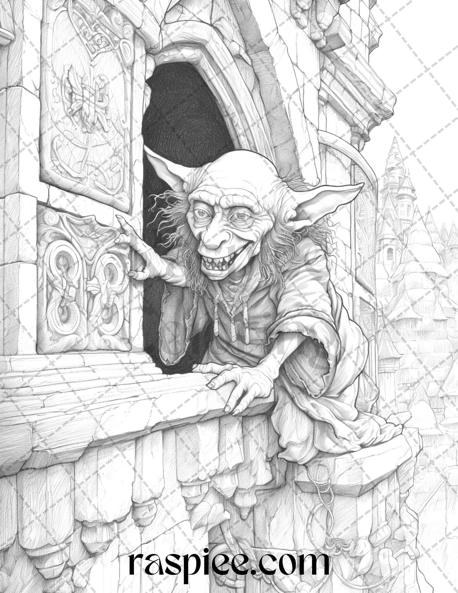 Fantasy Goblins Grayscale Coloring Pages Printable for Adults, PDF File Instant Download