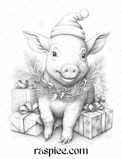 70 Christmas Animals Grayscale Coloring Pages Printable for Adults, PDF File Instant Download