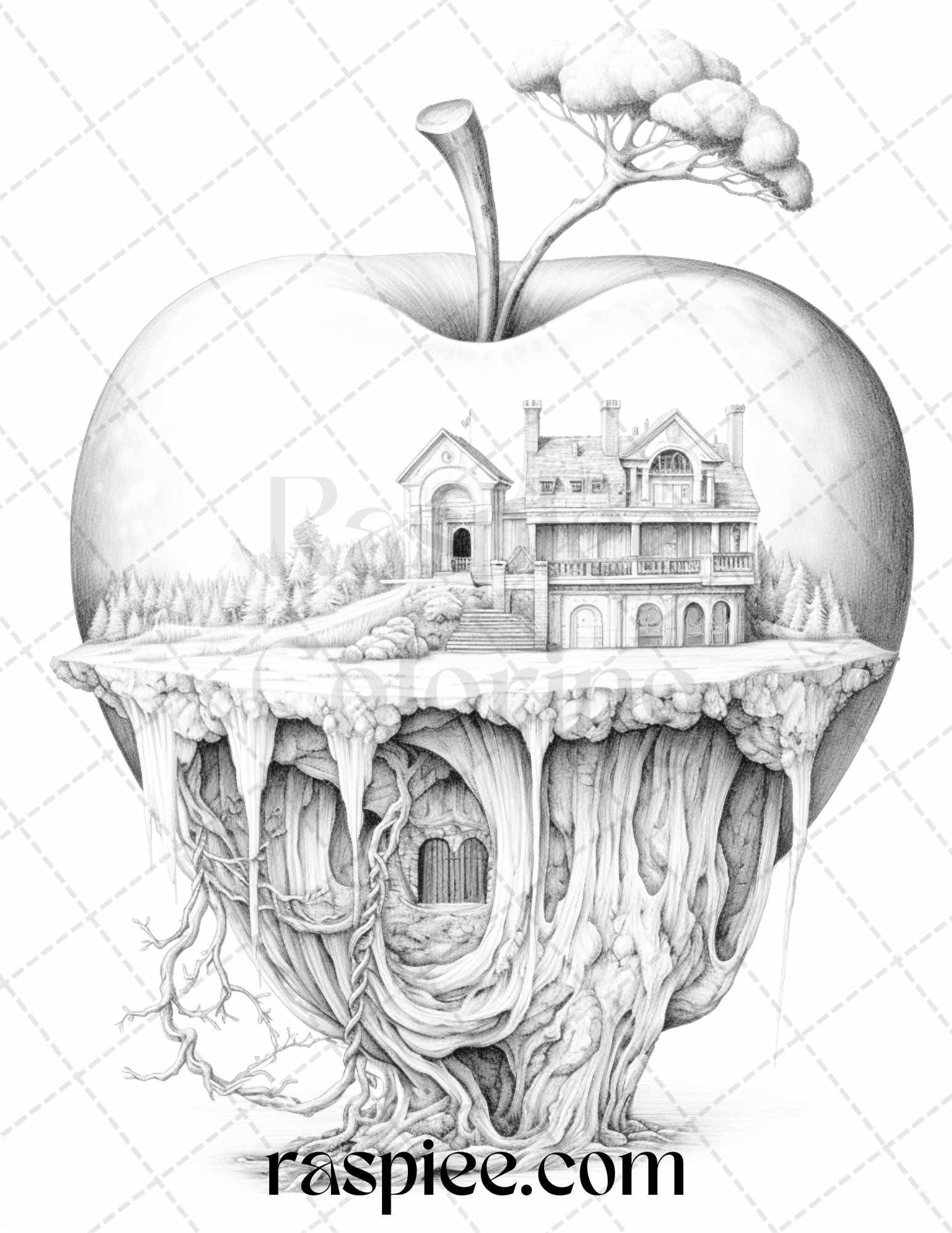 60 Miniworld in the Apple Grayscale Coloring Pages Printable for Adults, PDF File Instant Download