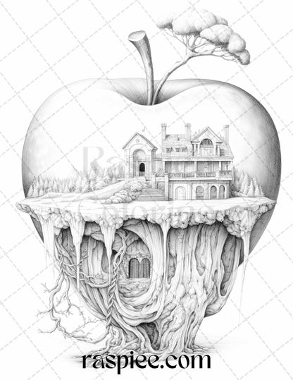 60 Miniworld in the Apple Grayscale Coloring Pages Printable for Adults, PDF File Instant Download