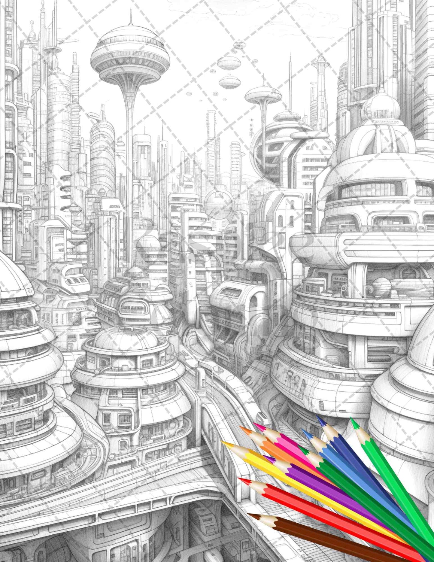50 Futuristic Metropolis Grayscale Coloring Pages Printable for Adults, PDF File Instant Download