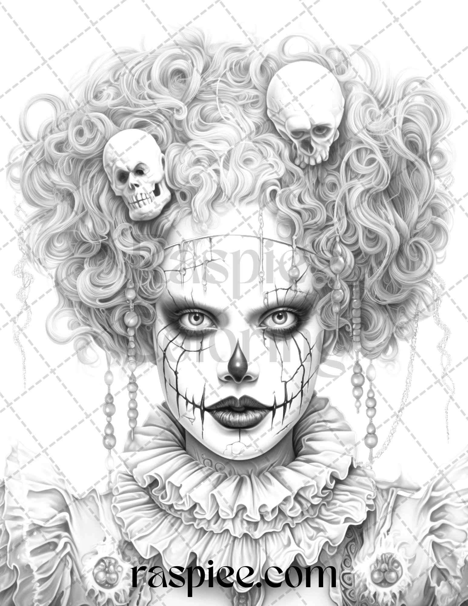50 Scary Clown Girls Grayscale Coloring Pages Printable for Adults, PDF File Instant Download