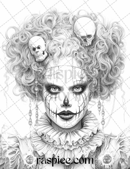 50 Scary Clown Girls Grayscale Coloring Pages Printable for Adults, PDF File Instant Download