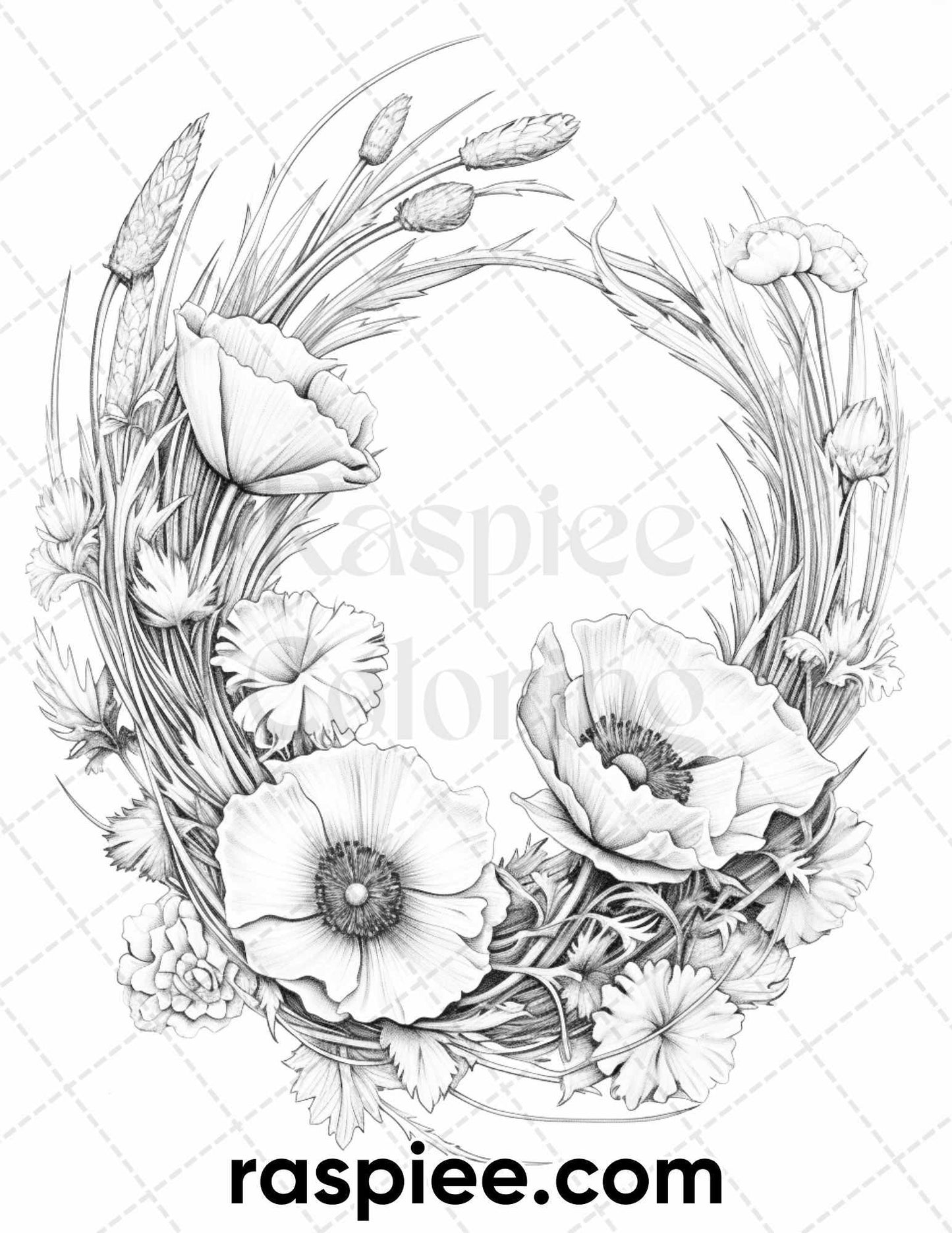 65 Spring Floral Wreaths Grayscale Adult Coloring Pages, Printable PDF Instant Download