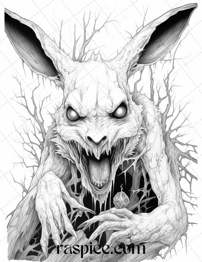 66 Horror Zombie Animals Grayscale Coloring Pages Printable for Adults, PDF File Instant Download