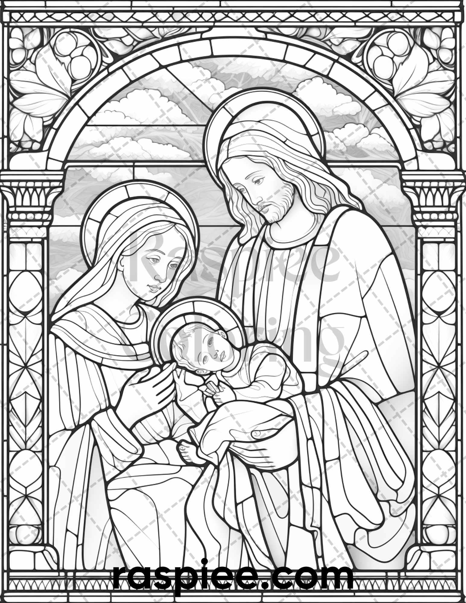 50 Christmas Stained Glass Grayscale Coloring Pages for Adults, Printable PDF File Instant Download