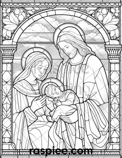 50 Christmas Stained Glass Grayscale Coloring Pages for Adults, Printable PDF File Instant Download