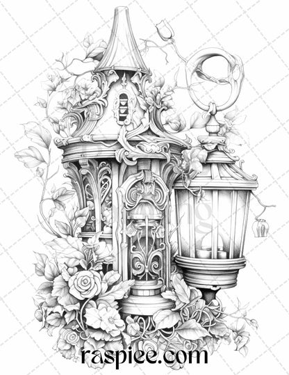 50 Lantern Fairy Houses Grayscale Coloring Pages Printable for Adults, PDF File Instant Download