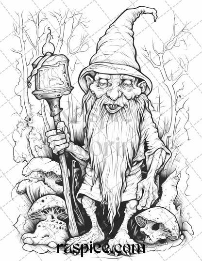 50 Horror Zombie Gnomes Grayscale Coloring Pages Printable for Adults, PDF File Instant Download
