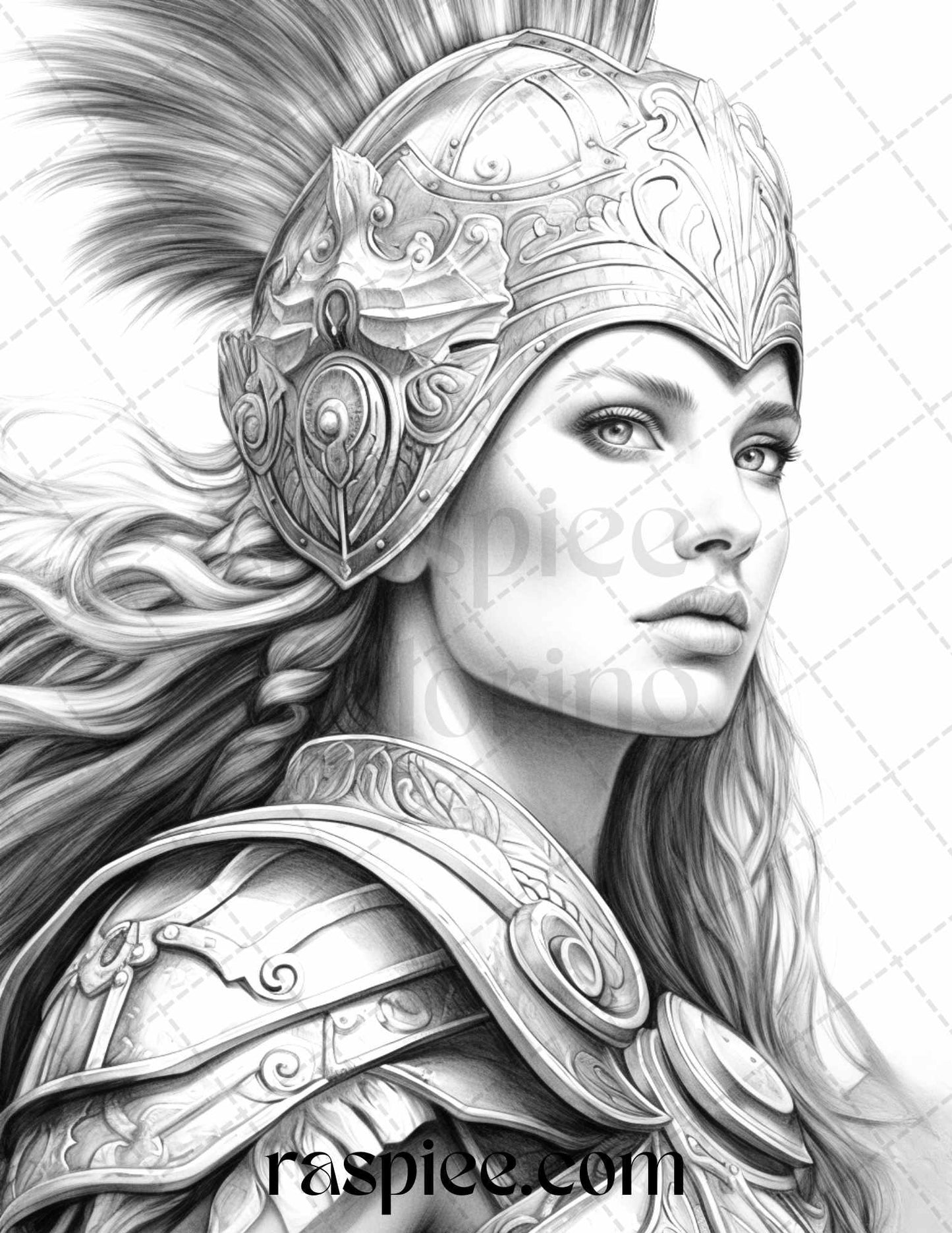 Greek Women Warriors Grayscale Coloring Pages for Adults, Printable PDF File Instant Download