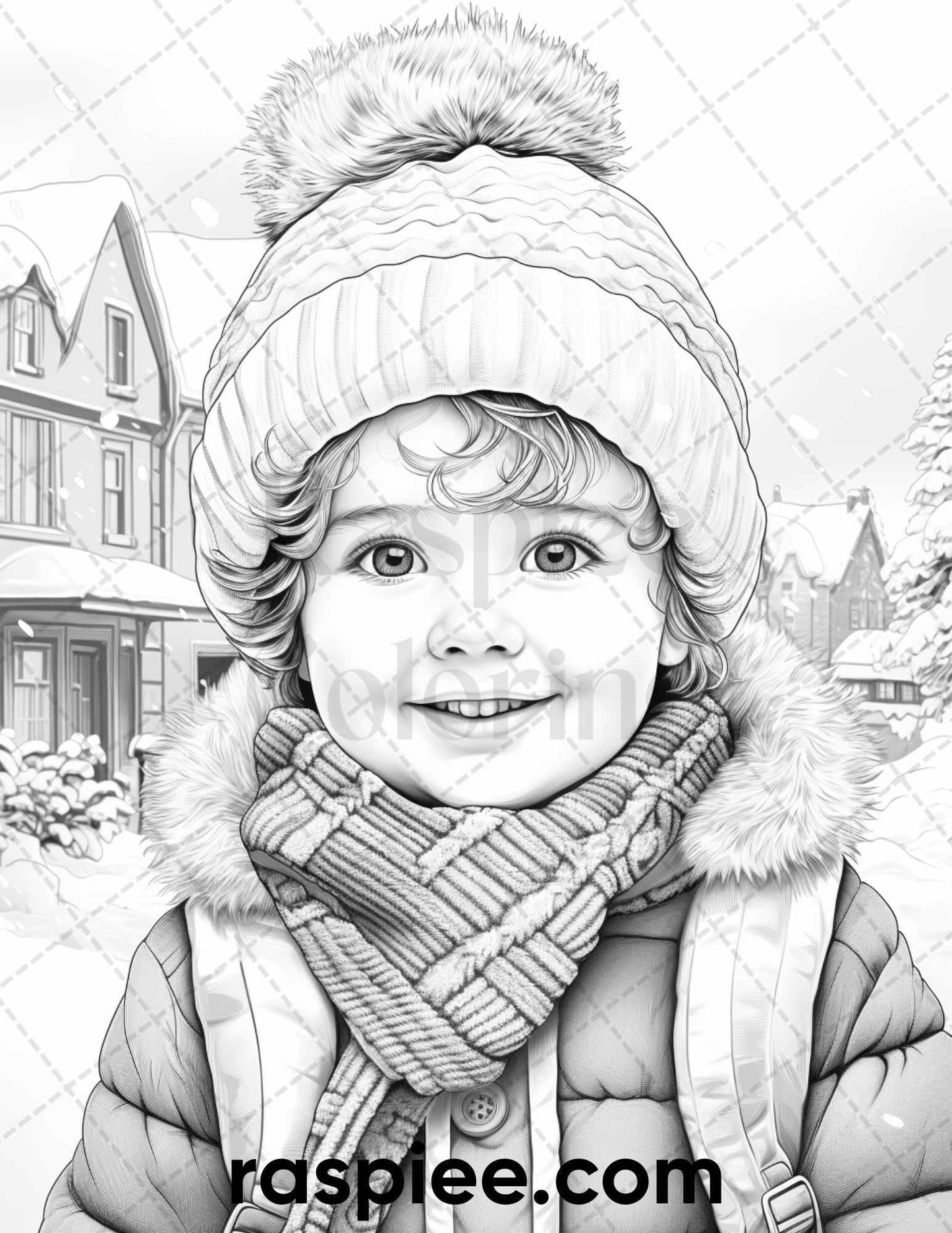 50 Baby Winter Portrait Grayscale Coloring Pages Printable for Adults, PDF File Instant Download