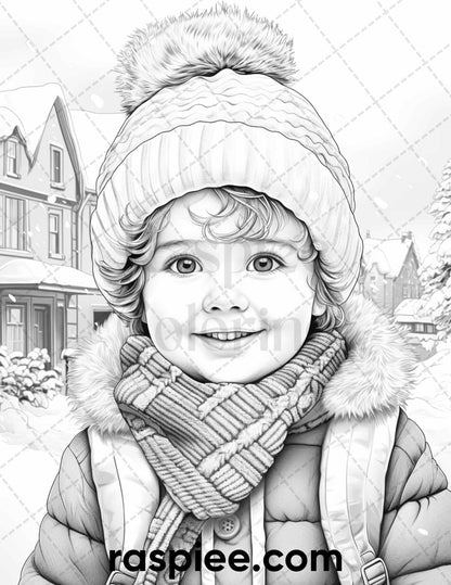 50 Baby Winter Portrait Grayscale Coloring Pages Printable for Adults, PDF File Instant Download