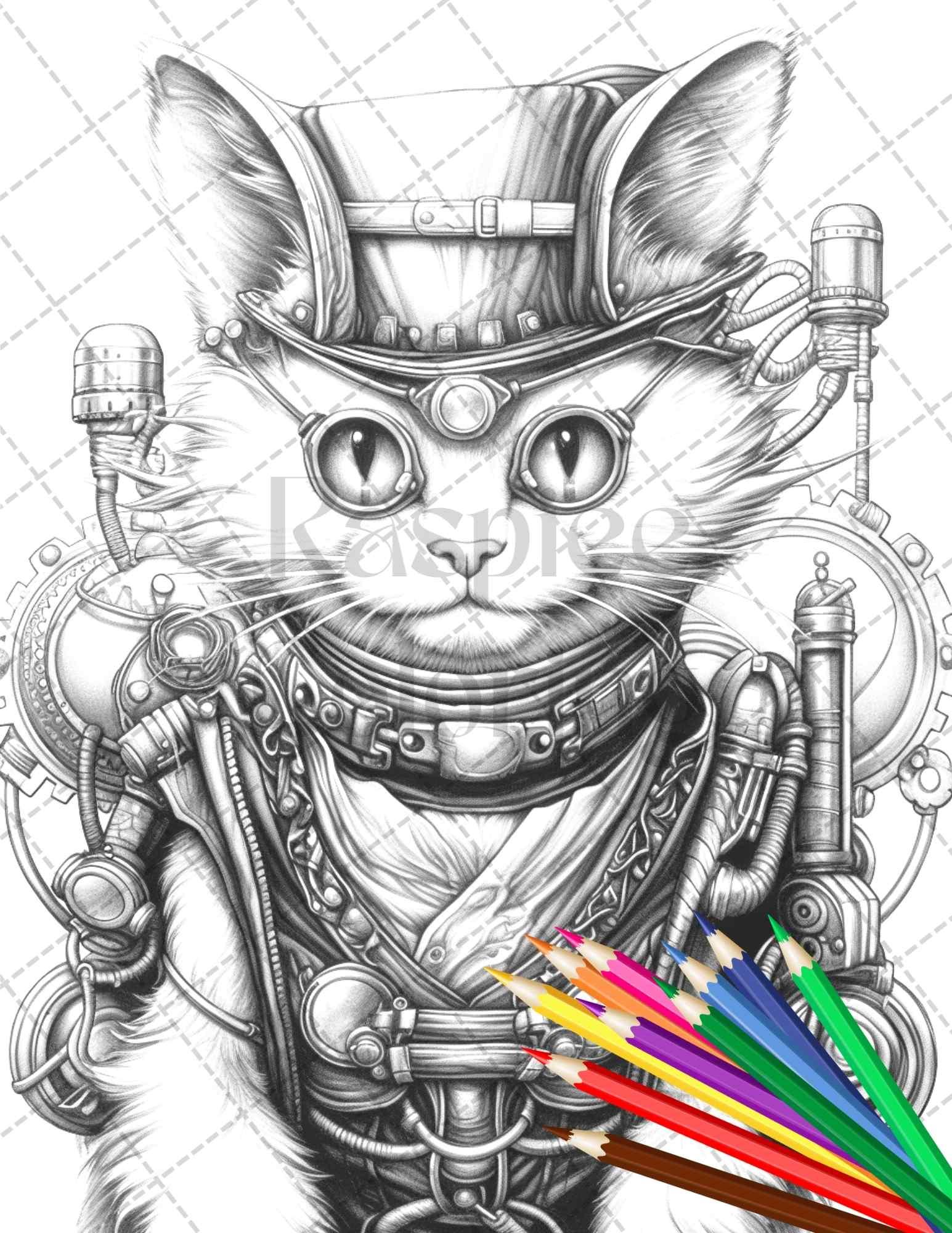 60 Steampunk Animals Grayscale Coloring Pages Printable for Adults, PDF File Instant Download