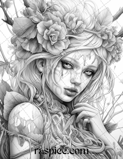 60 Halloween Zombie Fairy Grayscale Coloring Pages Printable for Adults, PDF File Instant Download