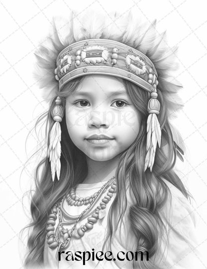50 Native American Little Girls Boys Grayscale Coloring Pages Printable for Adults Kids, PDF File Instant Download