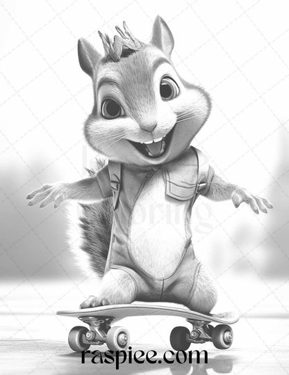 52 Adorable Squirrels Grayscale Coloring Pages Printable for Adults Kids, PDF File Instant Download
