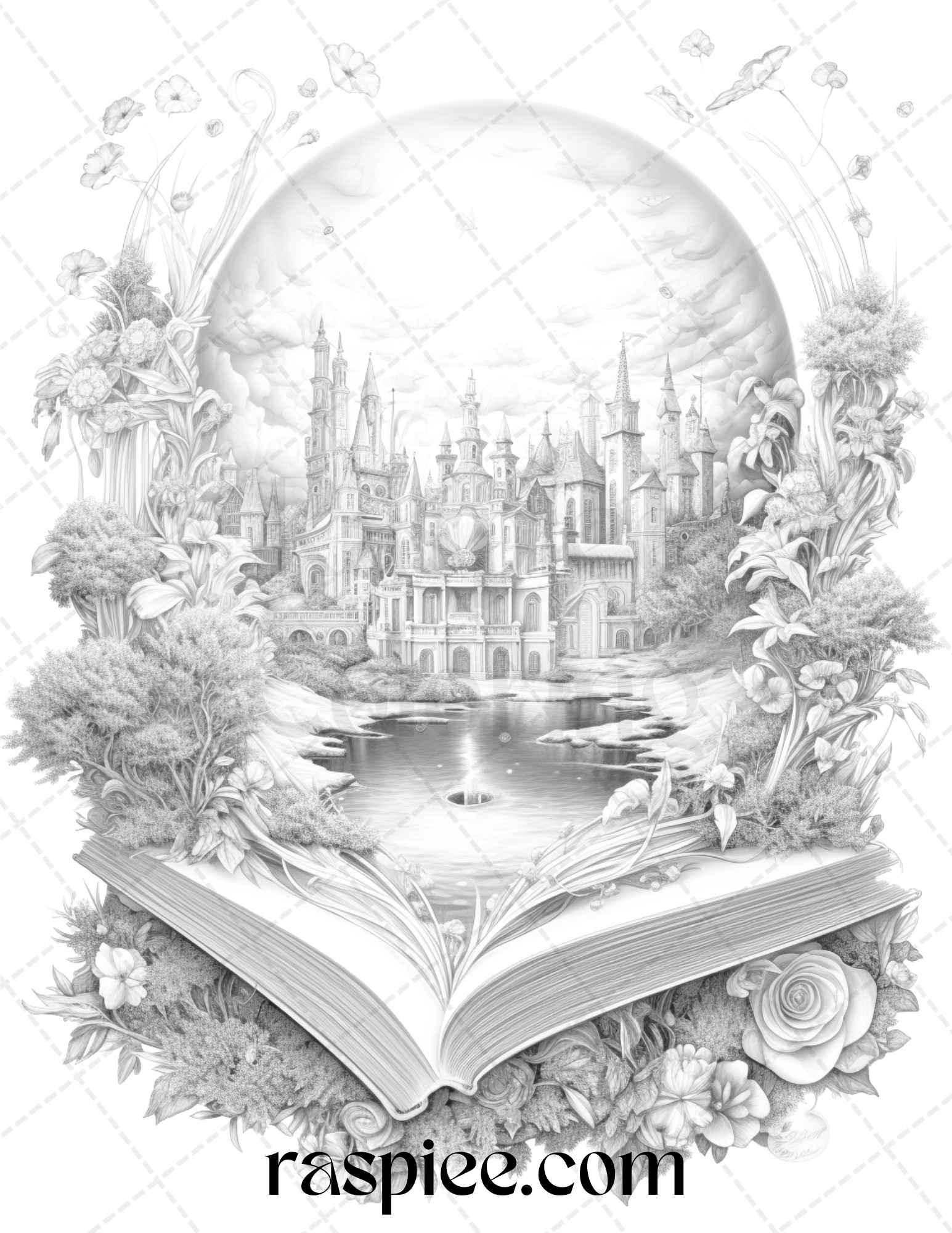 50 Magical Books Grayscale Coloring Pages Printable for Adults, PDF File Instant Download