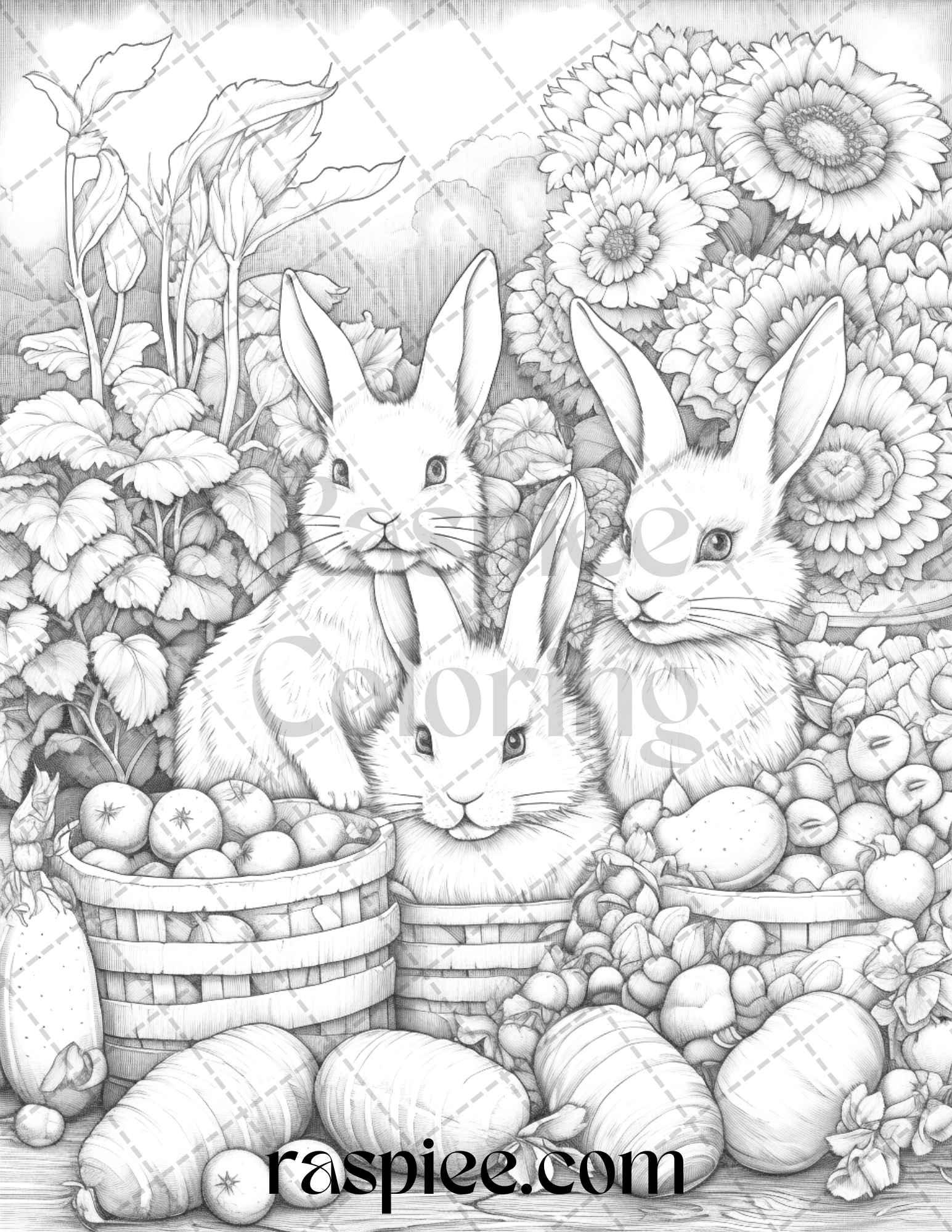50 Rabbit Garden Grayscale Coloring Pages Printable for Adults, PDF File Instant Download