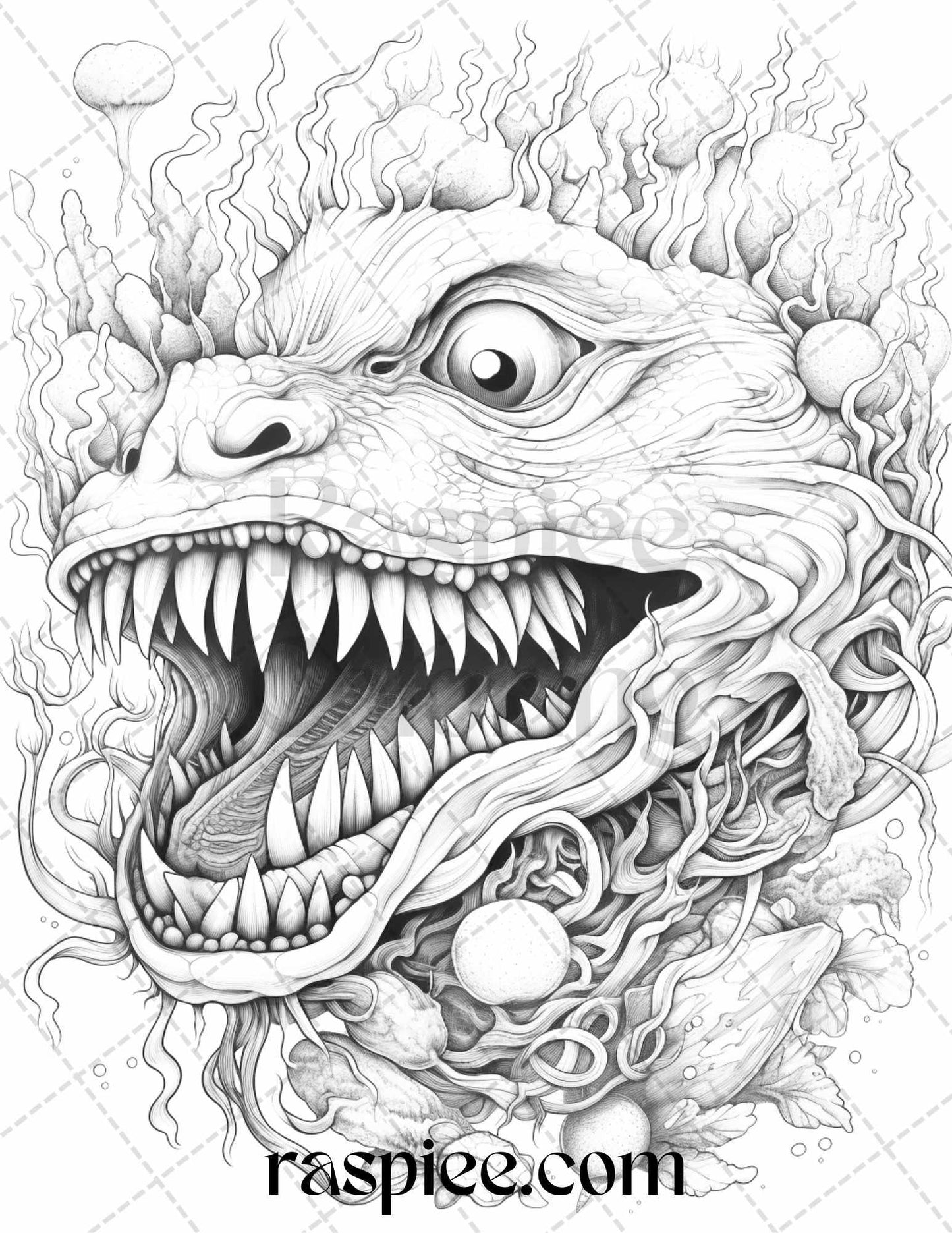 53 Surreal Creatures Grayscale Coloring Pages for Adults, Printable PDF File Instant Download