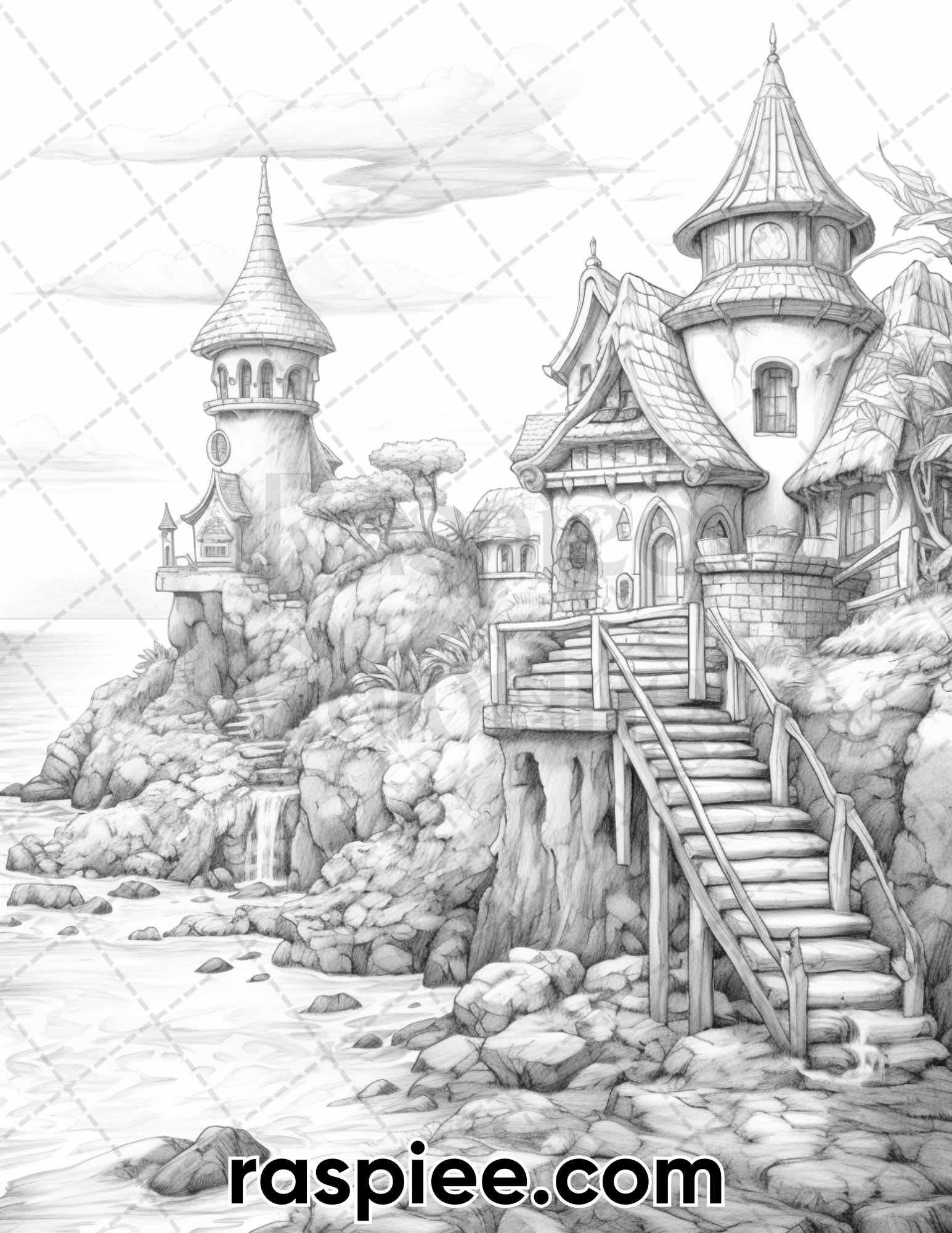 50 Fairy Beach Houses Grayscale Coloring Pages for Adults, Printable PDF Instant Download