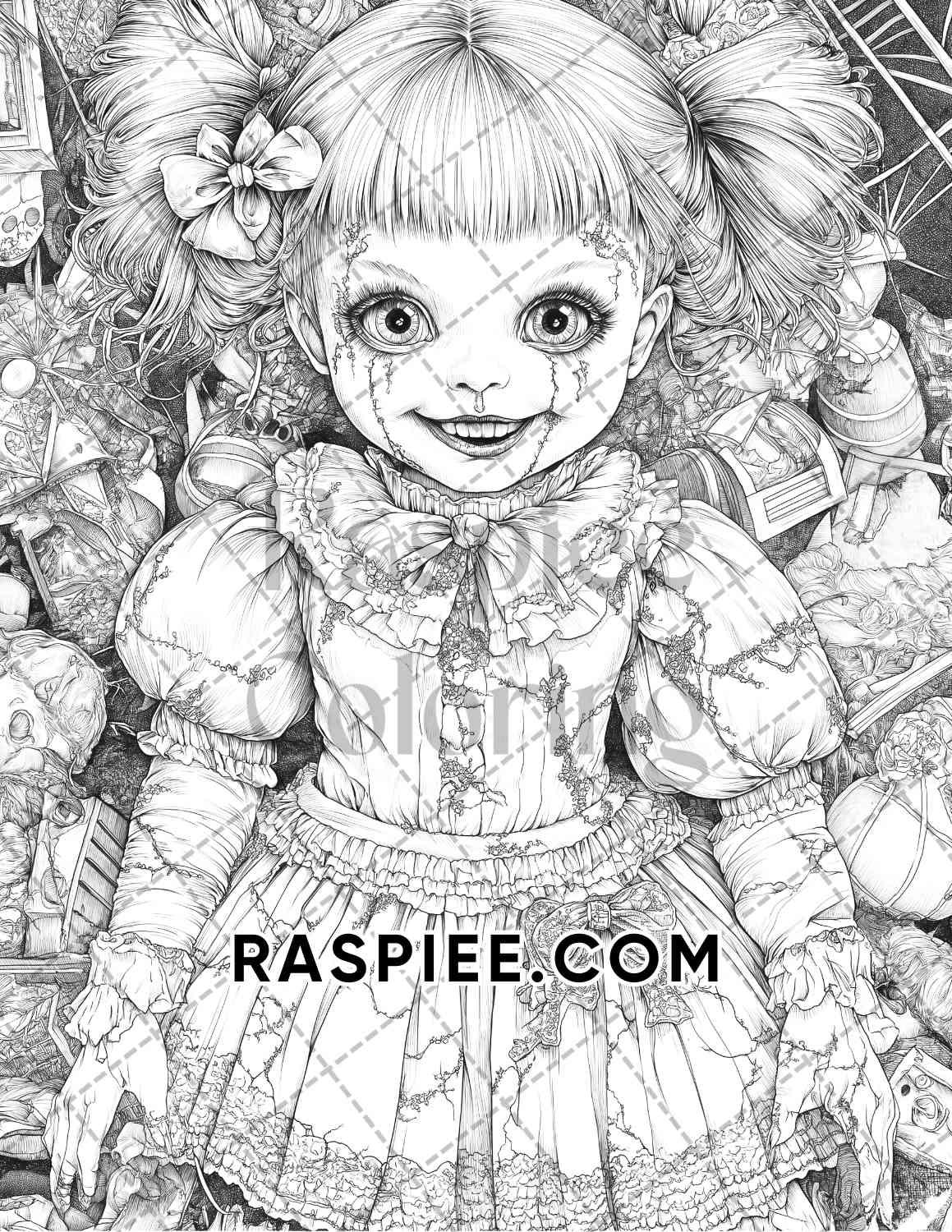 Haunted Dolls Halloween Horror Adult Coloring Pages Printable PDF Instant Download