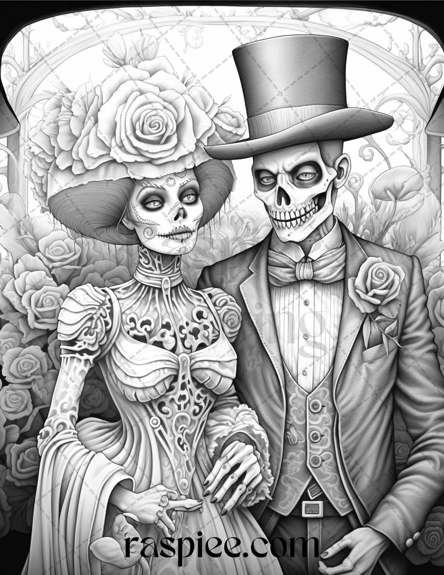 50 Day of the Dead Grayscale Coloring Pages Printable for Adults, PDF File Instant Download
