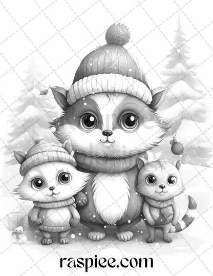 70 Christmas Critters Grayscale Coloring Pages Printable for Adults and Kids, PDF File Instant Download