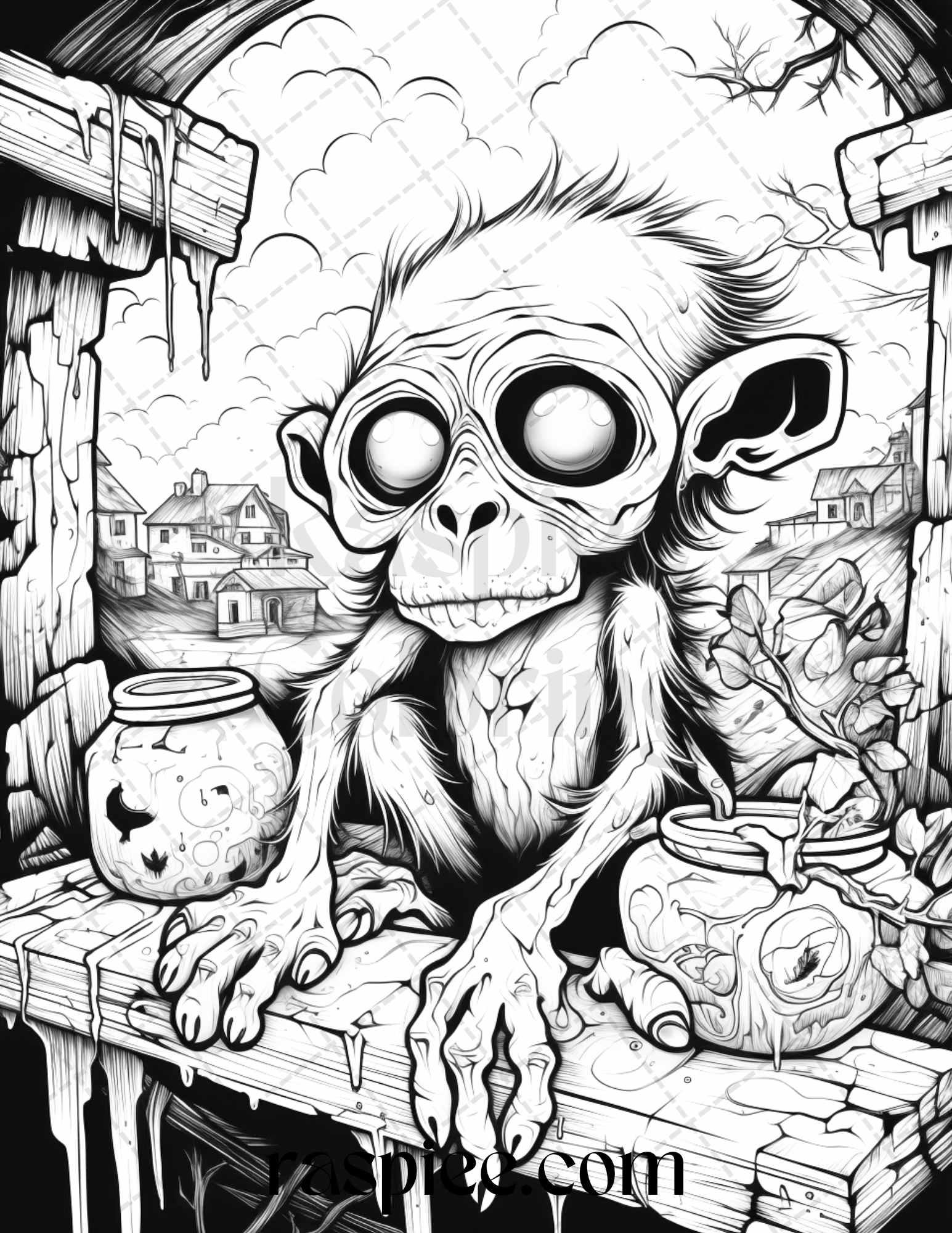 50 Halloween Scary Animals Grayscale Coloring Pages Printable for Adults, PDF File Instant Download