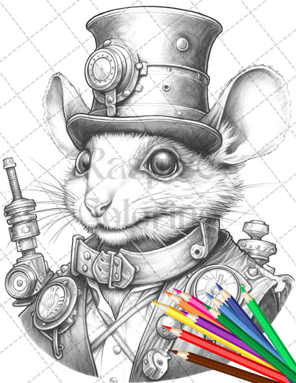 45 Steampunk Animals Grayscale Coloring Pages Printable for Adults Vol. 2, PDF File Instant Download