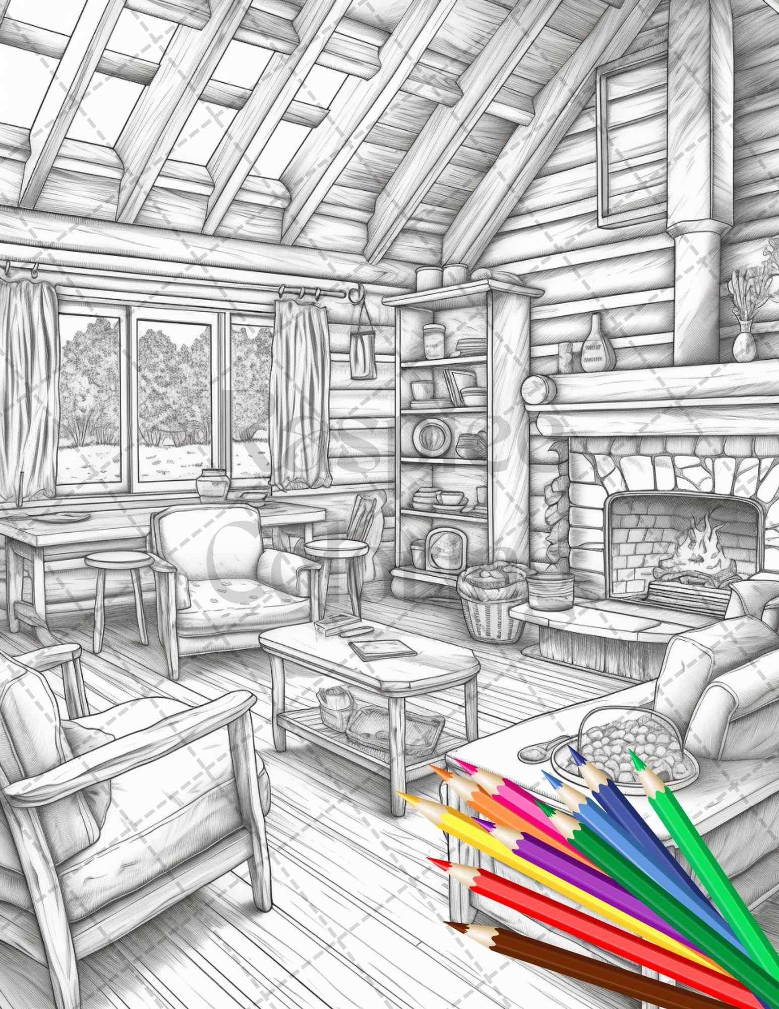 Cozy Cabin Interior Grayscale Coloring Pages Printable for Adults, PDF File Instant Download