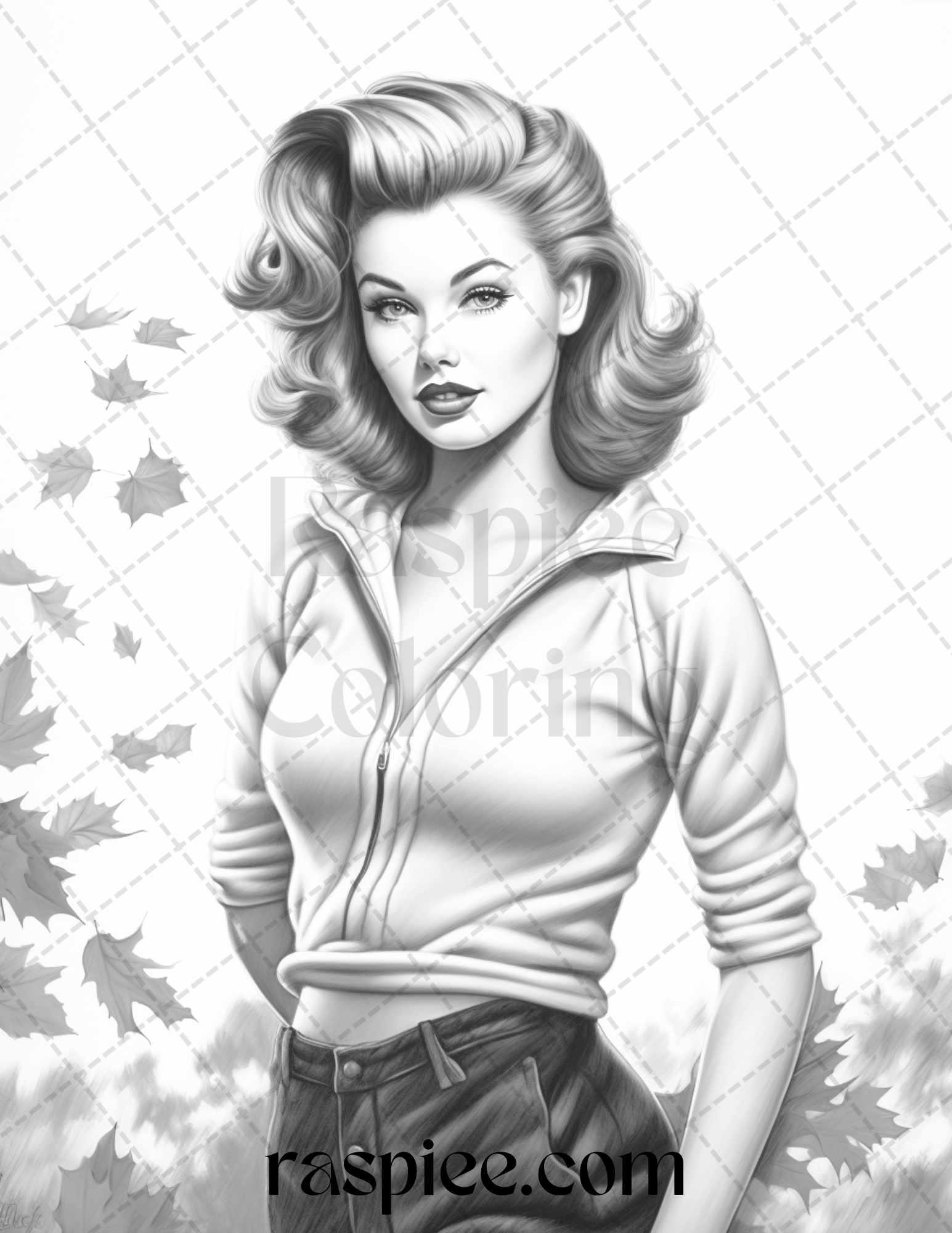 55 Autumn Pin Up Girls Grayscale Coloring Pages Printable for Adults, PDF File Instant Download