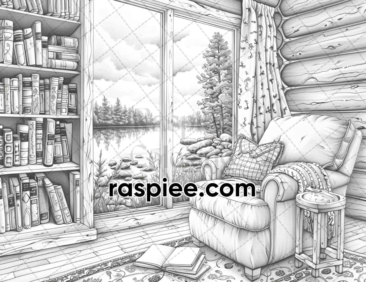 62 Serene Lakeside Cabins Grayscale Adult Coloring Pages, Printable PDF Instant Download