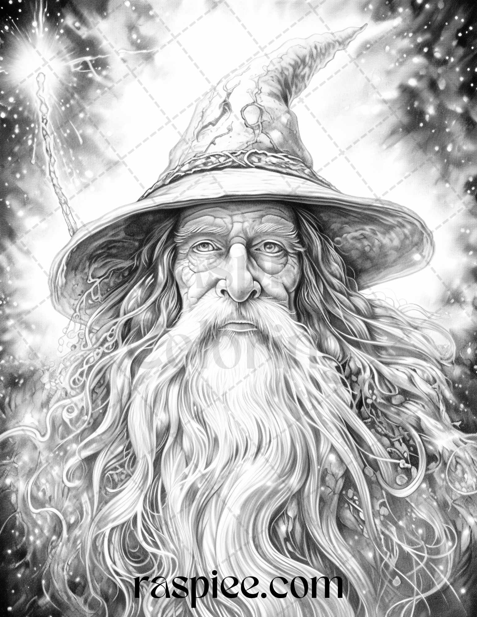 50 Magical Wizard Grayscale Coloring Pages for Adults, Printable PDF File Instant Download